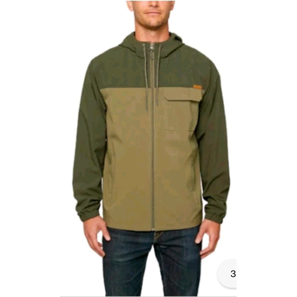 Men Hooded Windbreaker Jacket Olive Green Full Zip Two Tone Gorpcore Utility L